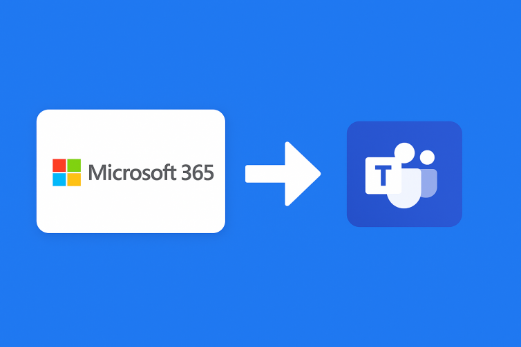 A flat, professional blue background featuring two icons side by side. On the left is a white rounded rectangle with the Microsoft 365 logo and text. On the right is the Microsoft Teams logo inside a rounded blue square. A bold white arrow in the center points from Microsoft 365 to Microsoft Teams, visually representing Teams being separated or unbundled from the Microsoft 365 suite.