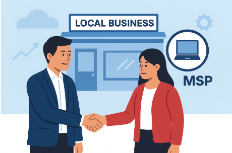 Illustration of a local business owner shaking hands with an MSP representative outside a storefront labeled “Local Business.” A computer icon with the letters “MSP” appears on the right, symbolizing a technology partnership. The overall scene conveys collaboration between a local company and a managed service provider.