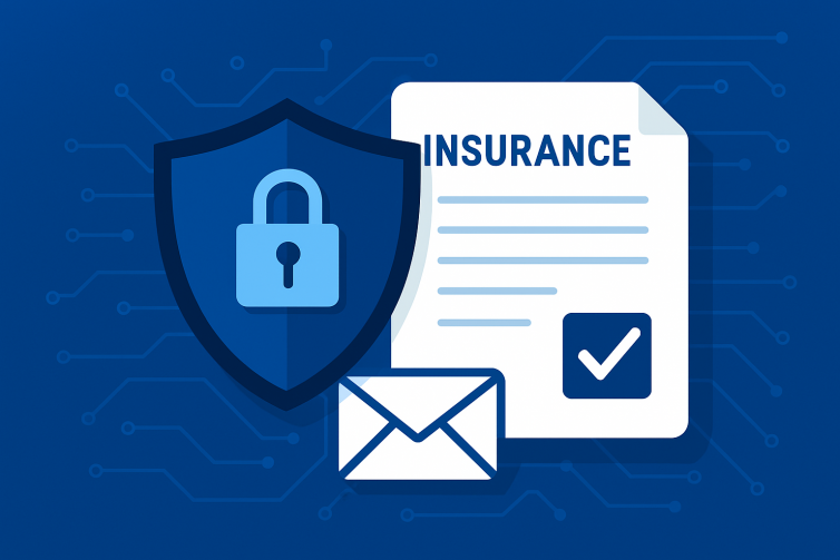 A digital illustration representing cyber insurance, featuring a secure shield icon surrounded by technology symbols such as servers, cloud storage, and data locks, conveying protection and risk management for businesses in a modern, abstract design.