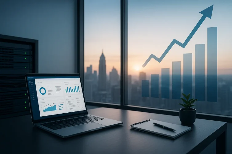 Modern office with analytics dashboard and rising graph on glass, illustrating IT strategy consulting.