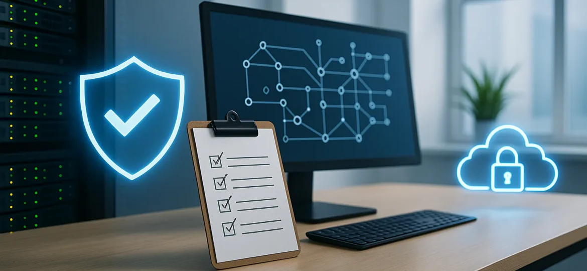Data security management illustrated by a network diagram on a monitor, a checklist, shield, and cloud lock icons in a modern office.