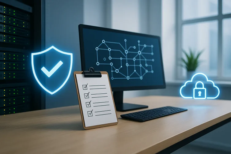 Data security management illustrated by a network diagram on a monitor, a checklist, shield, and cloud lock icons in a modern office.