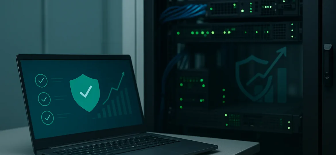 Cybersecure server room with laptop showing a security dashboard and green status lights.