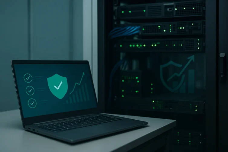 Cybersecure server room with laptop showing a security dashboard and green status lights.