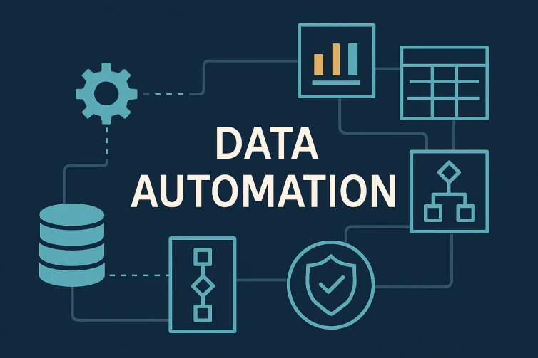 Illustrated header image with the words “Data Automation” surrounded by connected icons for databases, charts, and workflows, symbolizing data automation tools for small businesses.