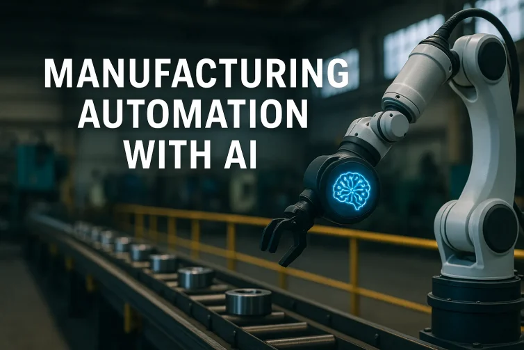 Manufacturing automation with AI header image showing a robotic arm on an automated factory conveyor line in a modern industrial plant.