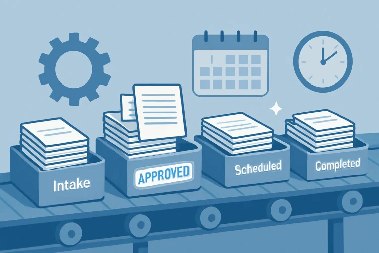 An illustrated workflow shows documents moving from Intake to Completed, highlighting the Advantages of Automation in Business.