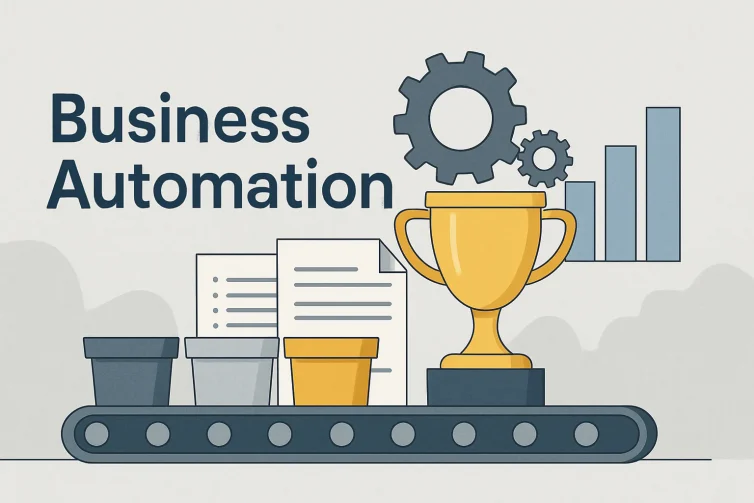 Illustration representing Business Automation Services with a golden trophy, gears, bar graph, and conveyor belt symbolizing efficient operations and workflow improvement.
