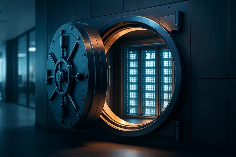 A secure, glowing data vault opening to reveal organized digital storage servers, symbolizing strong security controls and compliance standards in a modern corporate environment.
