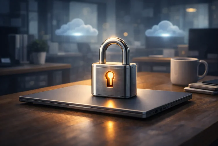 Illustrated padlock on a laptop in a modern office, representing data compliance and secure data handling for small and midsize businesses.