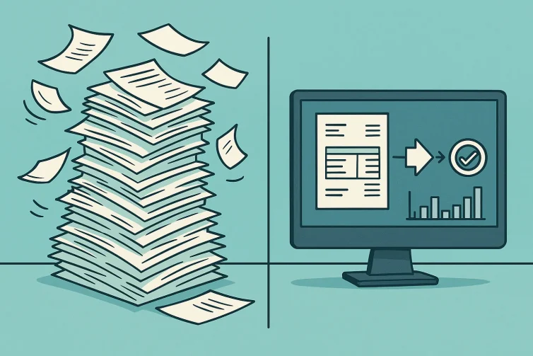 Cartoon showing paper invoices in chaos on one side and a computer using an invoice automation solution on the other.