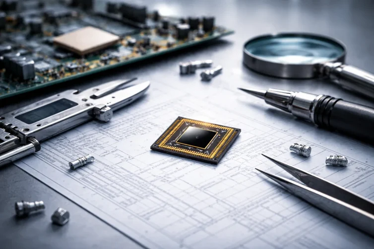 Microelectronics component with inspection tools on engineering schematics, representing regulatory compliance in electronics manufacturing.