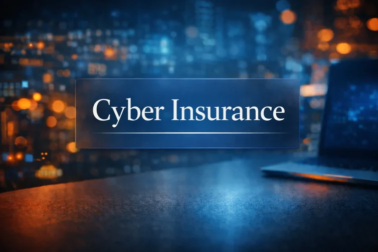 Cyber Insurance displayed as a bold title in the center with premium typography over a cinematic blue-and-orange blurred tech background.
