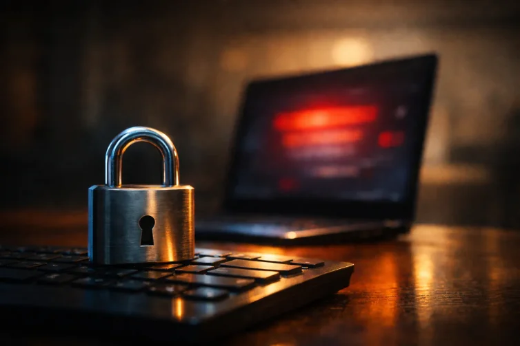 Cyber Liability hero image showing a silver padlock on a computer keyboard, with a blurred laptop in the background glowing red in a dim office.