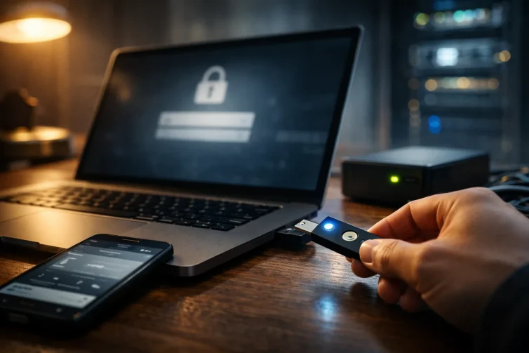 Reducing cyber risk: a hand inserts a hardware security key into a laptop while a smartphone for MFA and an external backup drive sit on a desk, with a blurred server rack in the background.