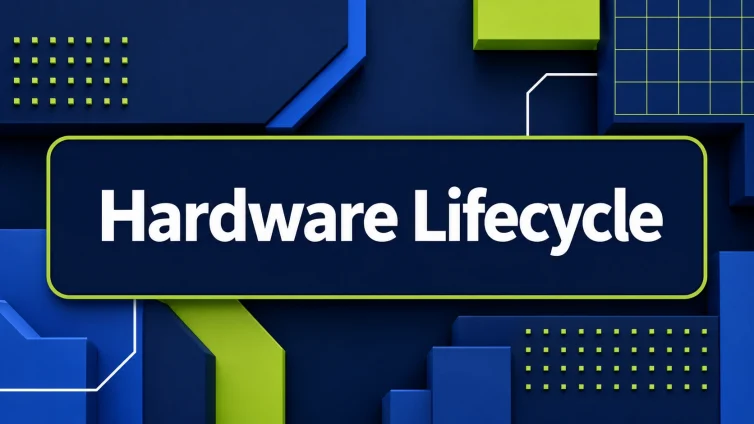 Hardware Lifecycle modern 3D geometric blog header with distinct navy, blue, lime, and white line accents